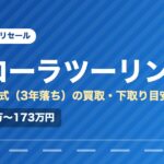 トヨタカローラツーリング（2023年式・3年落ち）の買取相場と下取り価格の目安を示した図解画像。試算値で約128万〜173万円。