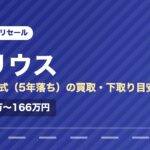 トヨタプリウス（2021年式・5年落ち）の買取相場と下取り価格の目安を示した図解画像。試算値で約122万〜166万円。