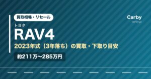 トヨタRAV4（2023年式・3年落ち）の買取相場と下取り価格の目安を示した図解画像。試算値で約211万〜285万円。