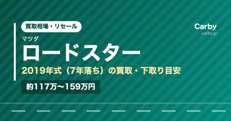 マツダロードスター（2019年式・7年落ち）の買取相場と下取り価格の目安を示した図解画像。試算値で約117万〜159万円。