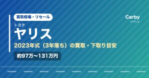 トヨタヤリス（2023年式・3年落ち）の買取相場と下取り価格の目安を示した図解画像。試算値で約97万〜131万円。