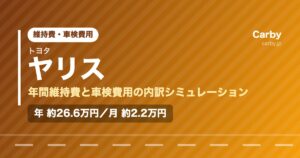 トヨタヤリスの年間維持費と車検費用の内訳を示した図解画像。試算値で年間約26.6万円、月あたり約2.2万円。